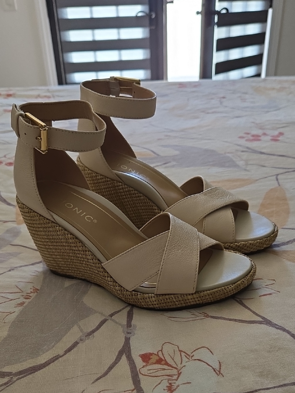 Vionic Neutral Beige Wedge Sandals with Ankle Strap